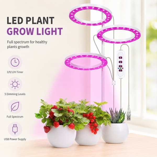 LED-plantegroeilamp, 3 hoveder, 5 dæmpbare tilstande, timing, USB, til potteplanter drivhus