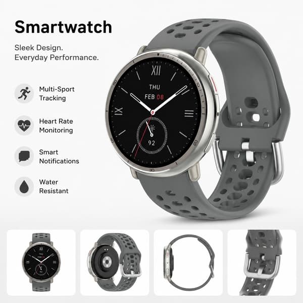 Amazfit Active 2 Band, Andningsbart Silikon Sportarmband, Mörkgrå, 22mm, Justerbart DarkGrey