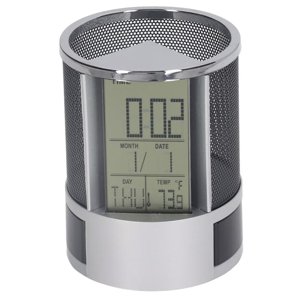 Digital väckarklocka pennhållare, evighetskalender, multifunktionell elektronisk klocka, svart