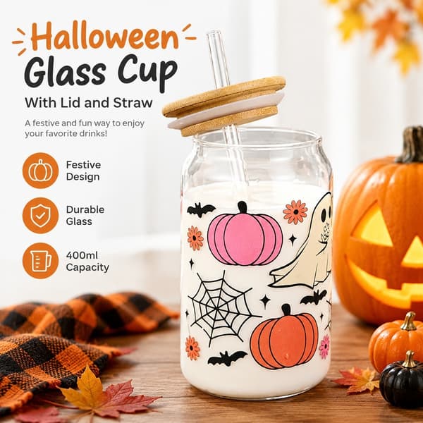 Halloween-lasimukit kansilla ja pilleillä, kurpitsa-aavemuki, 400 ml
