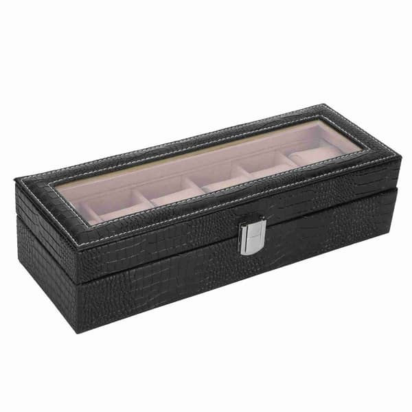 Klocklåda med 6 fack i PU-läder, rektangulär displaylåda för armbandsur, organizer, present, svart