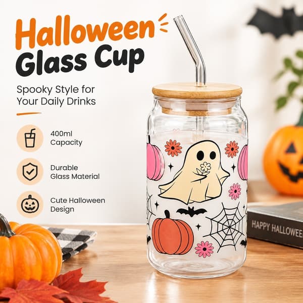 Halloween-glas med lock och sugrör, pumpaspökmugg, 400 ml