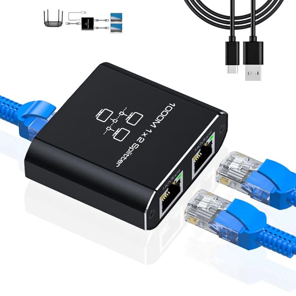 Gigabit Ethernet Splitter 1 til 2, RJ45 LAN Netværksadapter 1000Mbps til Cat5/Cat6/Cat7/Cat8