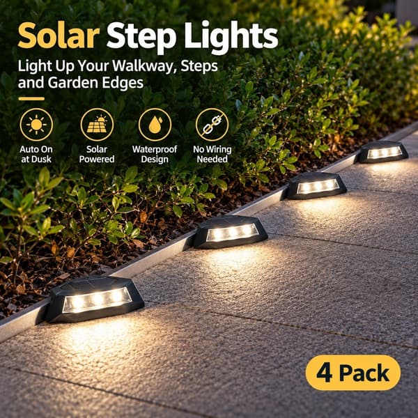 Solcellsdriven trappbelysning, vattentät utomhusbelysning för trappor, trädgårdsdekoration, varmvitt ljus, 4-pack White, 4 Pack