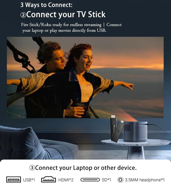 Miniprojektor 1080P HD Bärbar Stöder Upp till 200 Tums Skärm