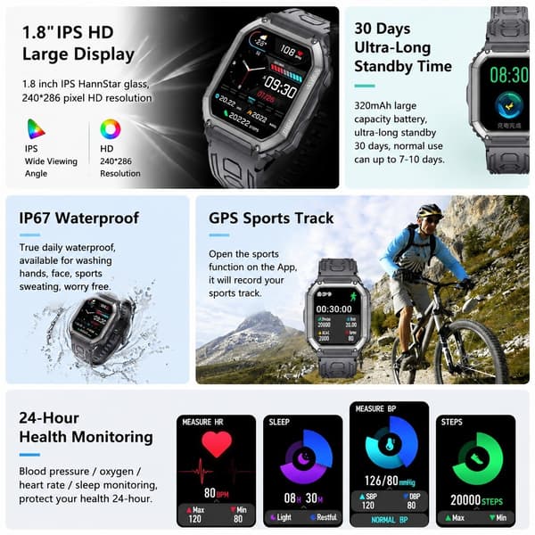 1,8\" AMOLED Smartwatch, Bluetooth 5.2 Opkald, Kompatibel med Android, Puls, Fitness Tracker