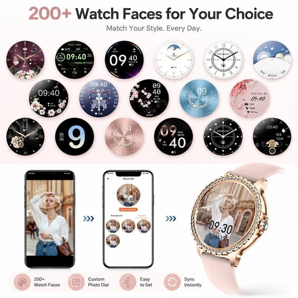 1,32\" HD Smartwatch, Roséguld, Rostfritt Stål & Silikon, 30 Dagars Batteritid, Dam