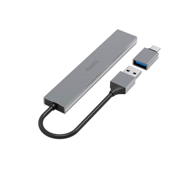 USB-A 3.2 4-portars hubb 5 Gbit/s med USB-C-adapter, aluminium, Plug & Play