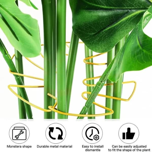 Guldpläterade växtstöd i smidesjärn, Monstera-bladform, set om 4 för klätterväxter