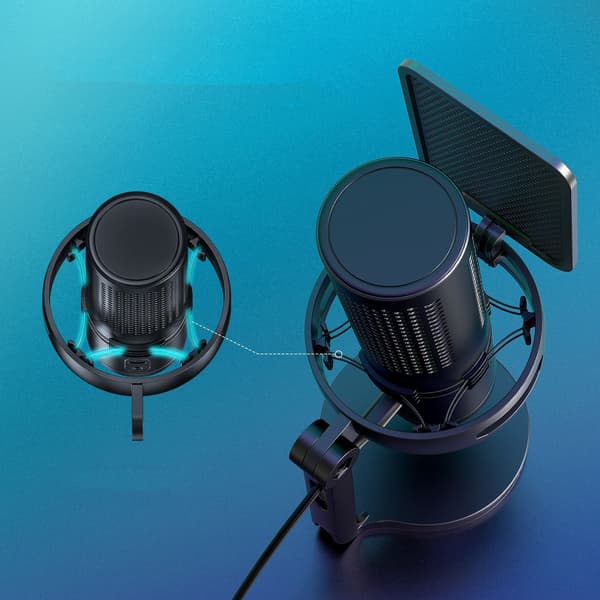 USB Streaming Mikrofon, Sort, RGB Åndedrætslys, Mute-knap, Gain-kontrol, Kardioid