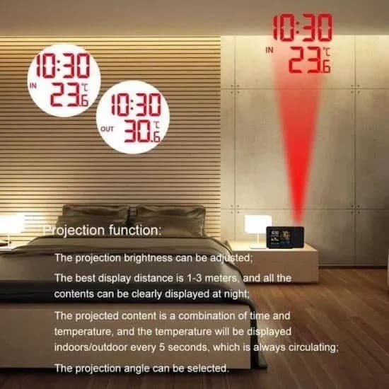 LED vekkerklokke med projeksjon, hygrometer, termometer, trådløs værstasjon, slumrefunksjon