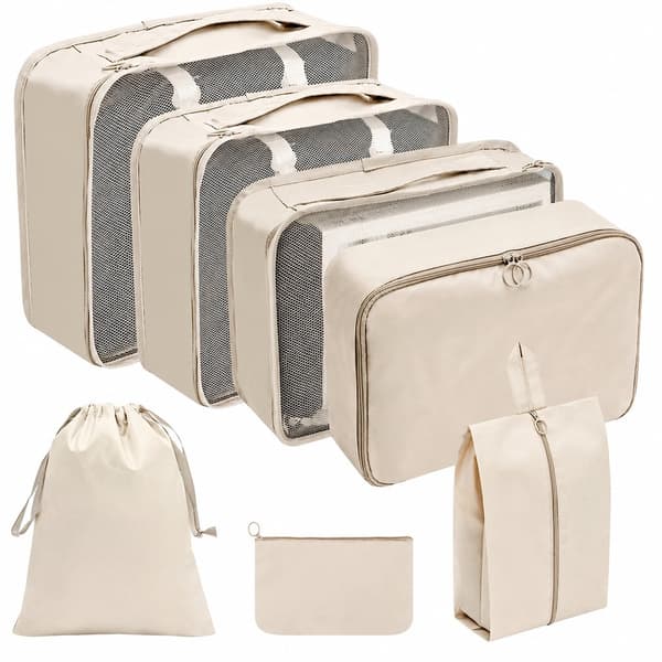 Resväska Packkuber Set, 7 delar, Beige, Nät Reseorganiseringsväskor för Resväska