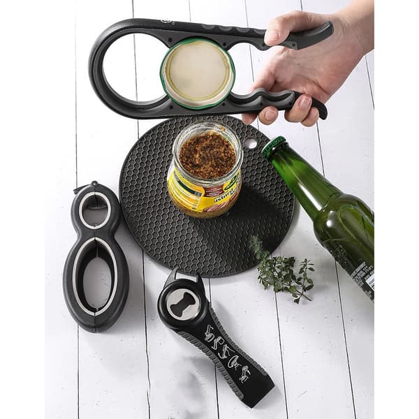 Multiåbnersæt, krukke-, flaske- og dåseåbner, ergonomisk, skridsikkert greb, sort grå
