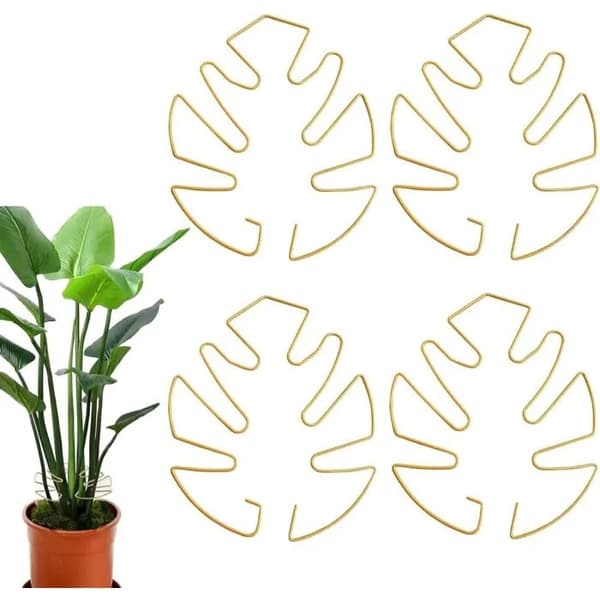 Guldpläterade växtstöd i smidesjärn, Monstera-bladform, set om 4 för klätterväxter