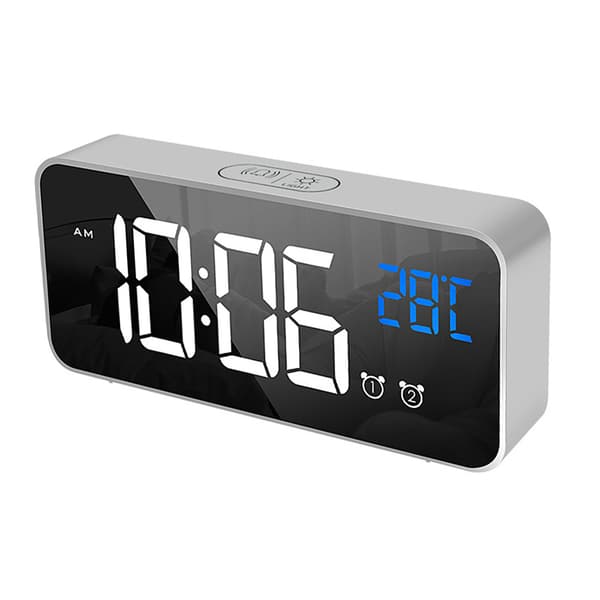LED-väckarklocka, silver, speglad yta, tyst, multifunktionell, sängklocka för hem, sovrum, kontor