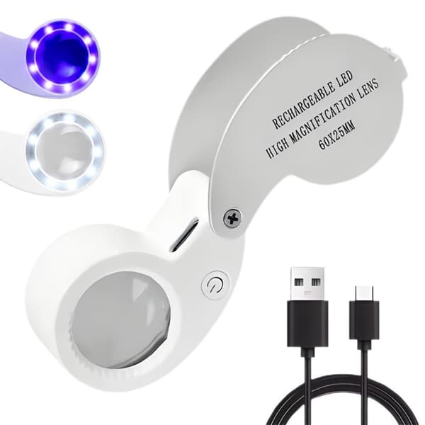 LED USB Uppladdningsbart Förstoringsglas, 60X, Vikbart, för Läsning och Hobby