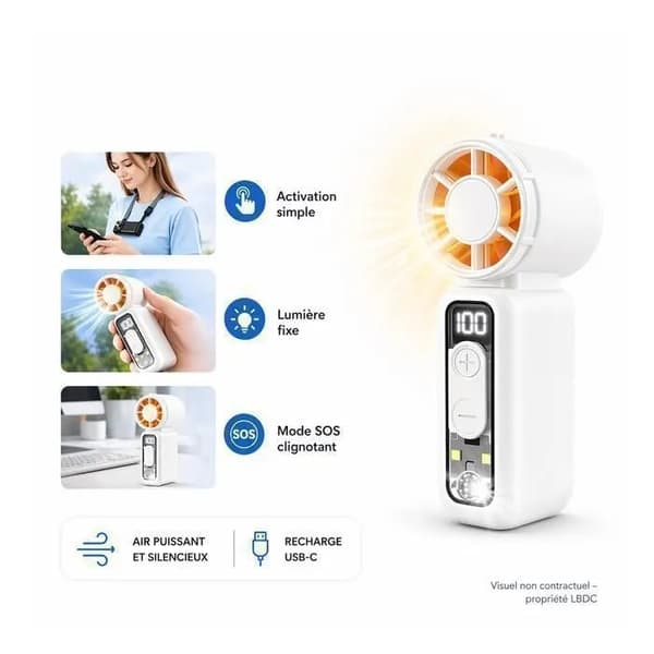 Mini bærbar ledningsfri ventilator med LED, 5 hastigheder, 1200mAh batteri, USB-C, kompakt
