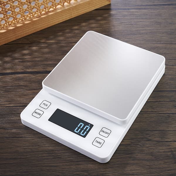 Digital kjøkkenvekt, 10kg/1g, hvit, rustfritt stål, oppladbar, multifunksjonell