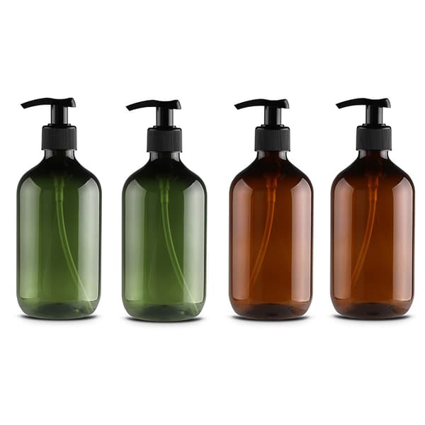 PET runda axellotionflaskor, 500 ml, 4-pack, schampodispenser, klar