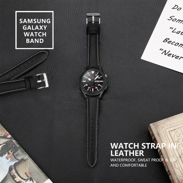 Ægte læderurrem til Samsung Galaxy Watch 3 45mm, sort, 22mm, justerbar