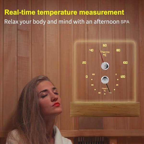Sauna Termometer Hygrometer med RGB LED Lys, Bambus, Transparent, Genopladelig
