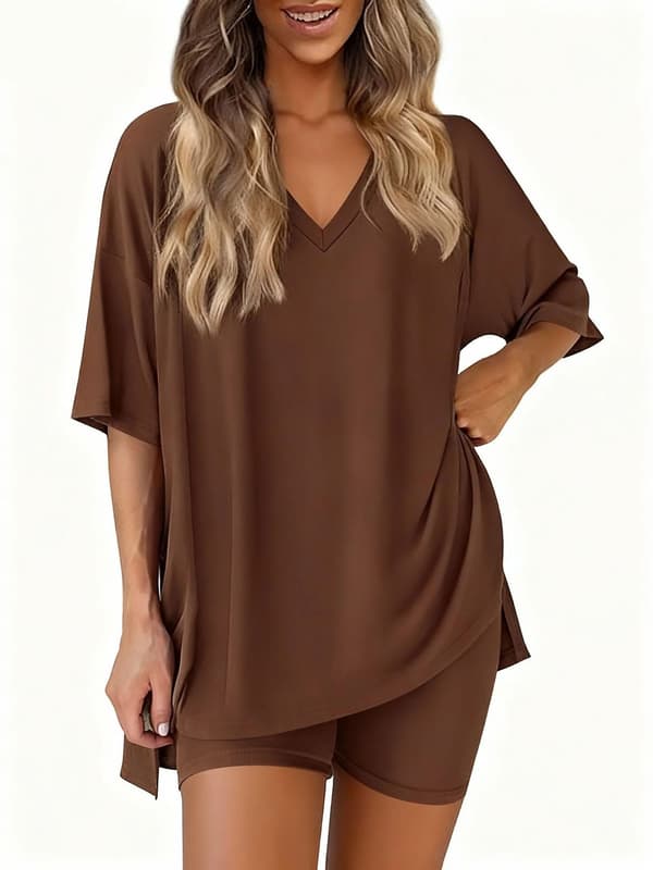 Pyjamasset med V-ringning för dam, kortärmad topp och shorts, enfärgad, lediga sommarsovkläder S-Red