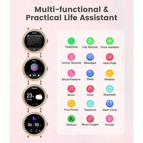 1,32\" HD Smartwatch, Roséguld, Rostfritt Stål & Silikon, 30 Dagars Batteritid, Dam