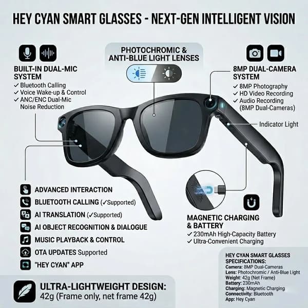 AI Smarta Glasögon med 8MP Kamera, Videoinspelning, Bluetooth-samtal, Röstassistent, Cyan