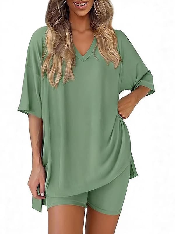 Pyjamasset med V-ringning för dam, kortärmad topp och shorts, enfärgad, lediga sommarsovkläder S-Red