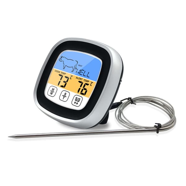 Digitalt kødtermometer, touchskærm, rustfrit stål, timer, til køkken BBQ, sort