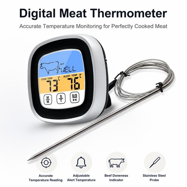 Digitalt kødtermometer, touchskærm, rustfrit stål, timer, til køkken BBQ, sort