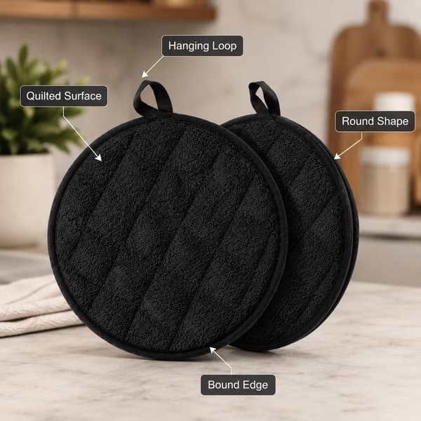 4-delt sæt runde grydelapper, sort, varmeisolerende puder i bomuldsfrotté, 18 cm