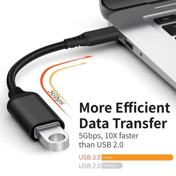 USB-C till USB 3.0-adapterkabel 5 Gbps, svart, 20 cm, aluminium
