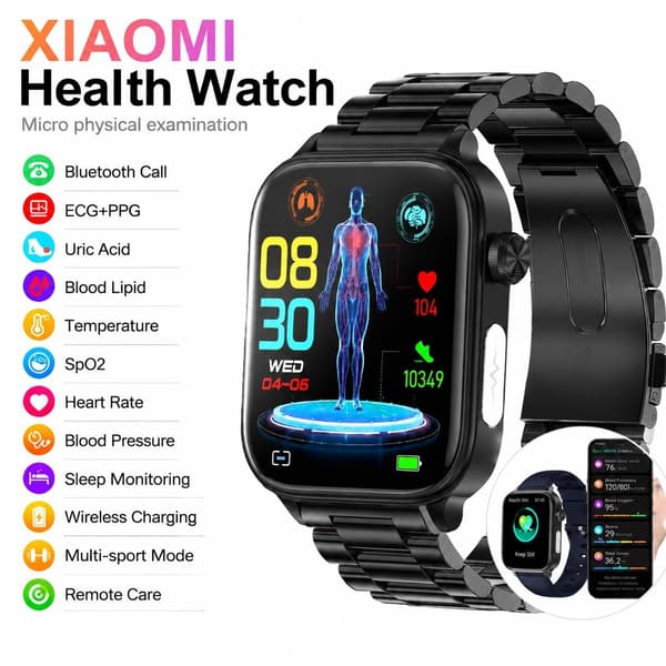 Smartwatch til mænd og kvinder, EKG PPG Blodfedt Urinsyre Sundhedsmonitor, Bluetooth-opkald, Sort Stål
