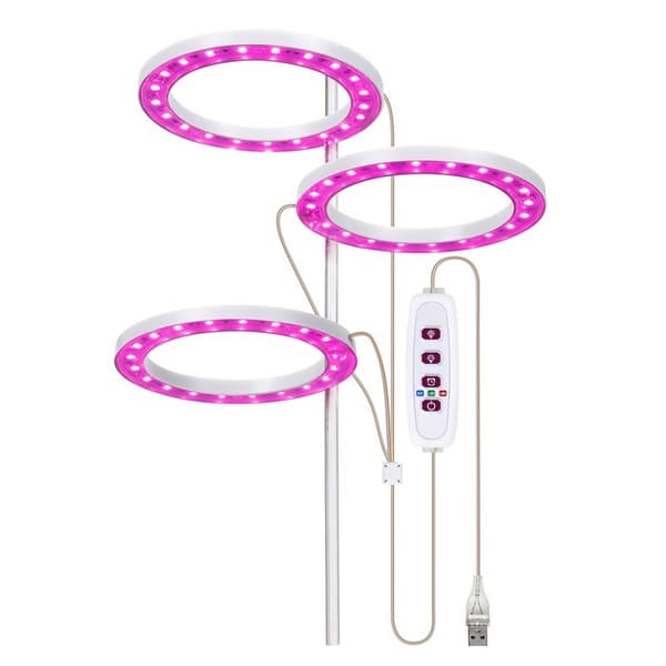 LED-plantegroeilamp, 3 hoveder, 5 dæmpbare tilstande, timing, USB, til potteplanter drivhus