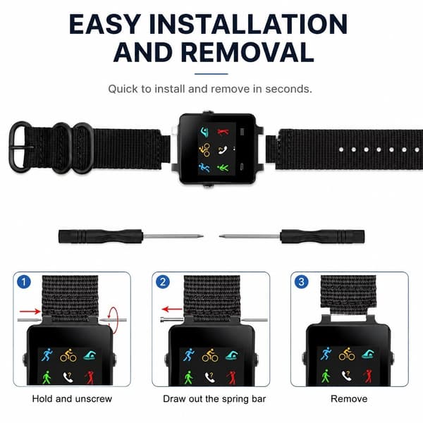 Nylon urrem til Garmin Vivoactive, sort, kanvas, dobbelt D-spænde, justerbar Black