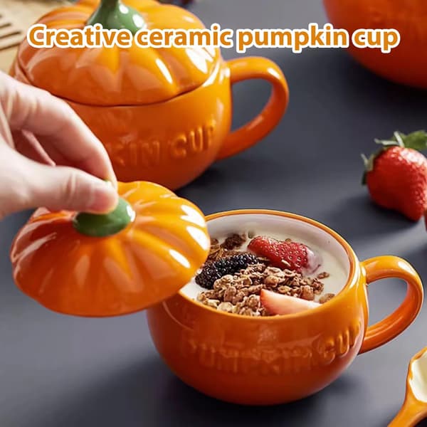 Keramisk pumpamugg med lock och sked, höstkaffekopp, medium, inredning