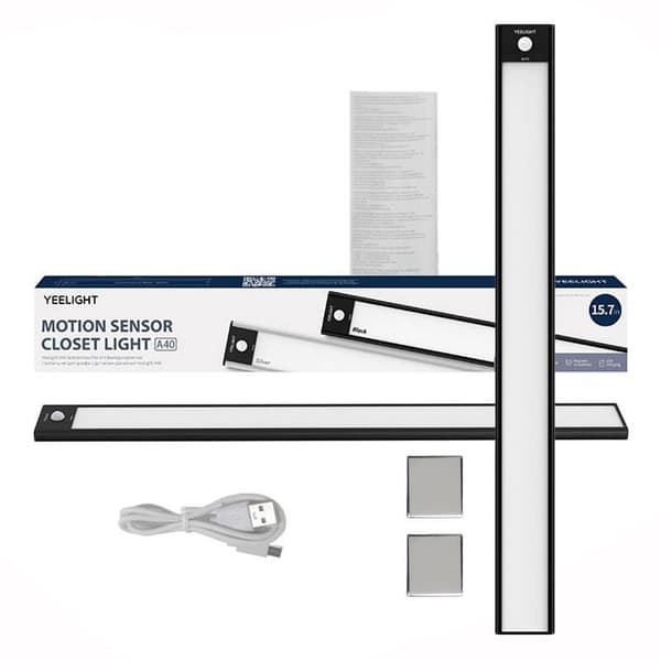 Bevægelsessensor skabslys, 40cm, 4000K, Sort, Automatisk LED Natlys til Garderobe