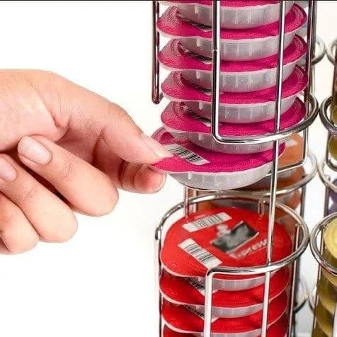 Roterende kapselholder dispenser displaystativ for 64 Tassimo-kapsler, kromstål