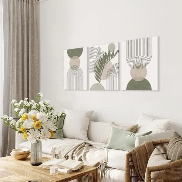 Boho Vægkunst Sæt med 3, Grøn Beige Geometrisk Linje Blad Sol Måne Indrammet Lærred, 30x40cm