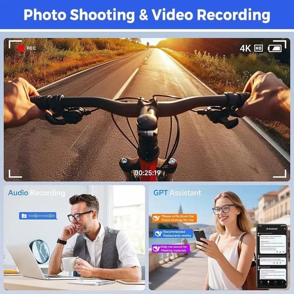 AI Smarta Glasögon med 4K Videoinspelning, Röstöversättning, ChatGPT-assistent, Bluetooth, IP65