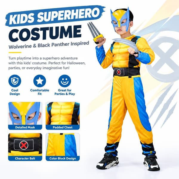 Barn Wolverine Black Panther Kostym, Spandex Superhjälte Halloween Scendräkt