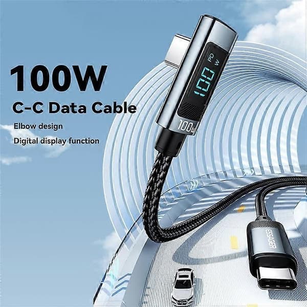 ESSAGER EX-47 2m 100W Type-C ladekabel Digital skjerm USB-C til USB-C albue datakabel