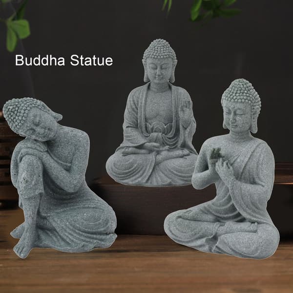 Grön sandsten Buddha-staty, sittande buddhistisk figurprydnad för vardagsrum och innergård