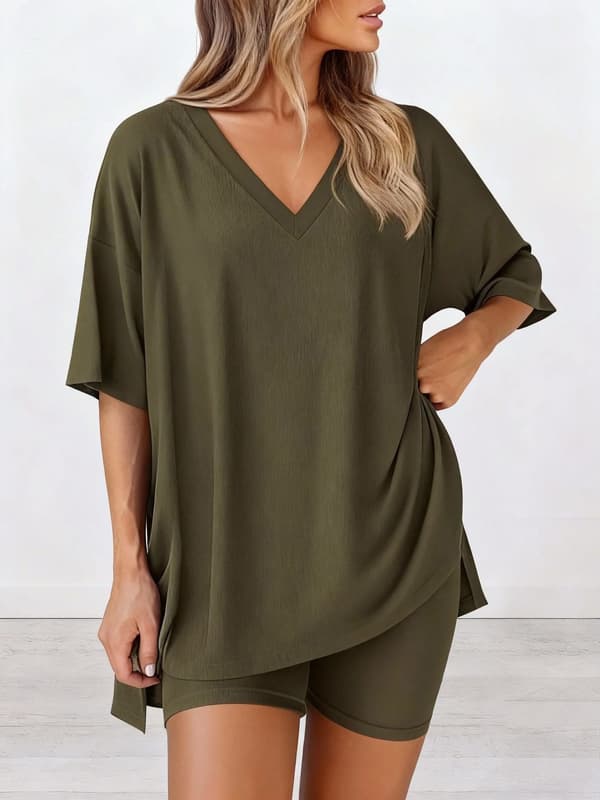 Pyjamasset med V-ringning för dam, kortärmad topp och shorts, enfärgad, lediga sommarsovkläder S-Red