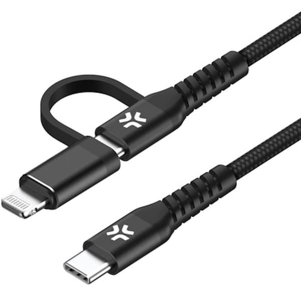 2-i-1 USB-C/USB-A til USB-C/Lightning-kabel, 60W, 2m, svart, nylonflettet