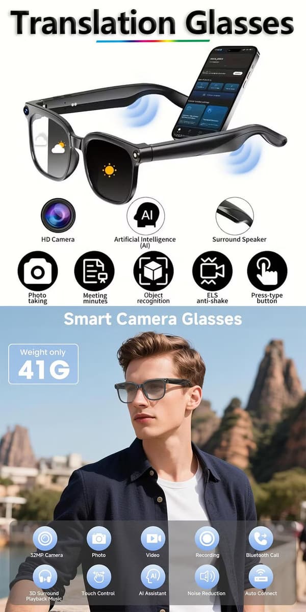 AI smarte briller med stemmestyring, 8MP kamera, TR90 ramme, Bluetooth, WiFi-overføring