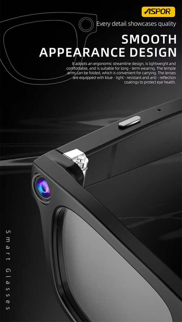 AI smarte kamerabriller, 1080P videoopptak, stemmeoversettelse, Bluetooth-samtale, svart