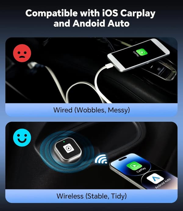 A10 Mini Trådløs CarPlay-adapter til iPhone og Android Auto - Kompakt CarPlay-dongle til fabriksmonterede kablede CarPlay-køretøjer (2016+)