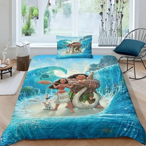 Printet mikrofiber sengetøjssæt, Vaiana nautisk design, 135x200 cm, med lynlås